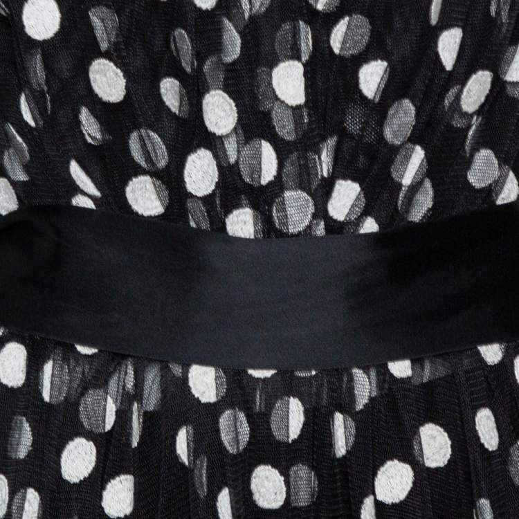 Pre Owned Dolce & Gabbana Black Polka Dot Embroidered Tulle Strapless Gown L