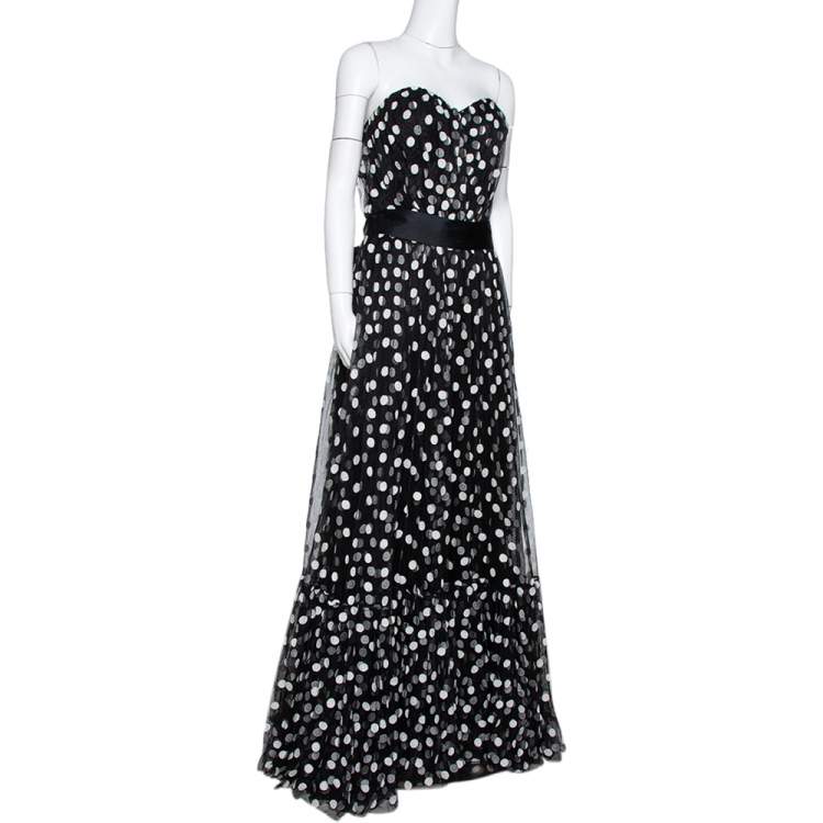 Pre Owned Dolce & Gabbana Black Polka Dot Embroidered Tulle Strapless Gown L