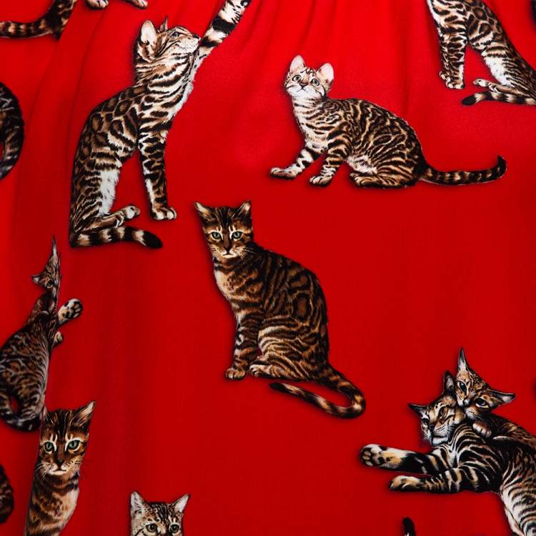 Pre Owned Dolce & Gabbana Red Cat Print Silk Short Sleeve Blouse M