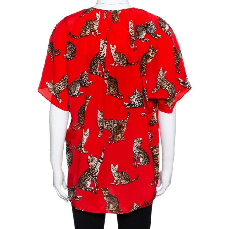Pre Owned Dolce & Gabbana Red Cat Print Silk Short Sleeve Blouse M