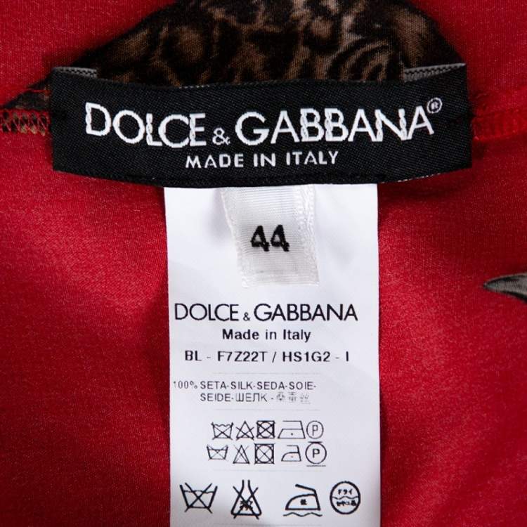 Pre Owned Dolce & Gabbana Red Cat Print Silk Short Sleeve Blouse M