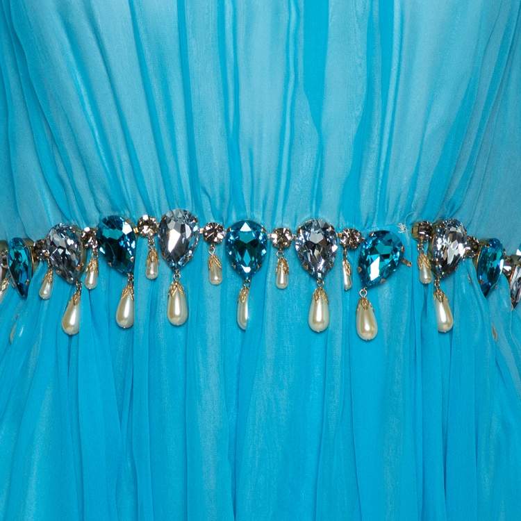 Pre Owned Dolce & Gabbana Blue Silk Chiffon Crystal Embellished Dress M 