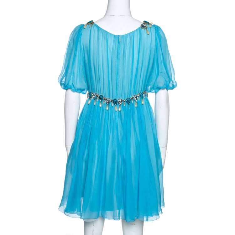 Pre Owned Dolce & Gabbana Blue Silk Chiffon Crystal Embellished Dress M 