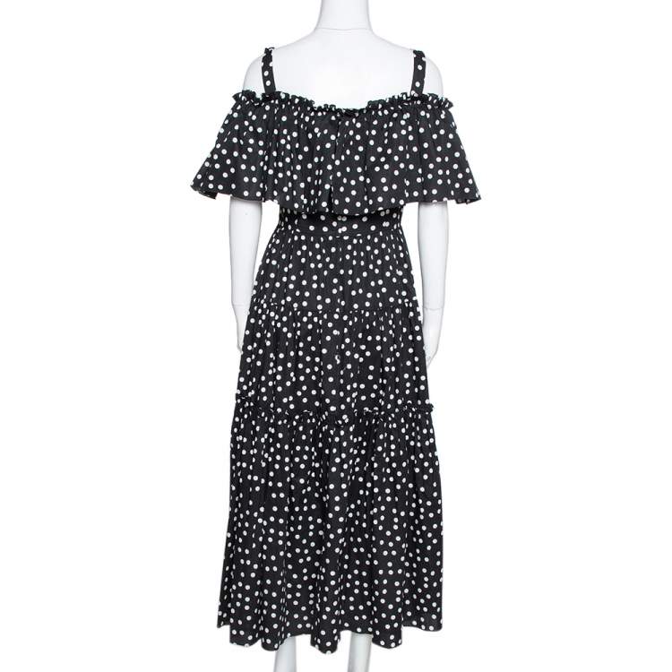 Pre Owned Dolce & Gabbana Black Pois Print Cotton Tiered Maxi Dress M