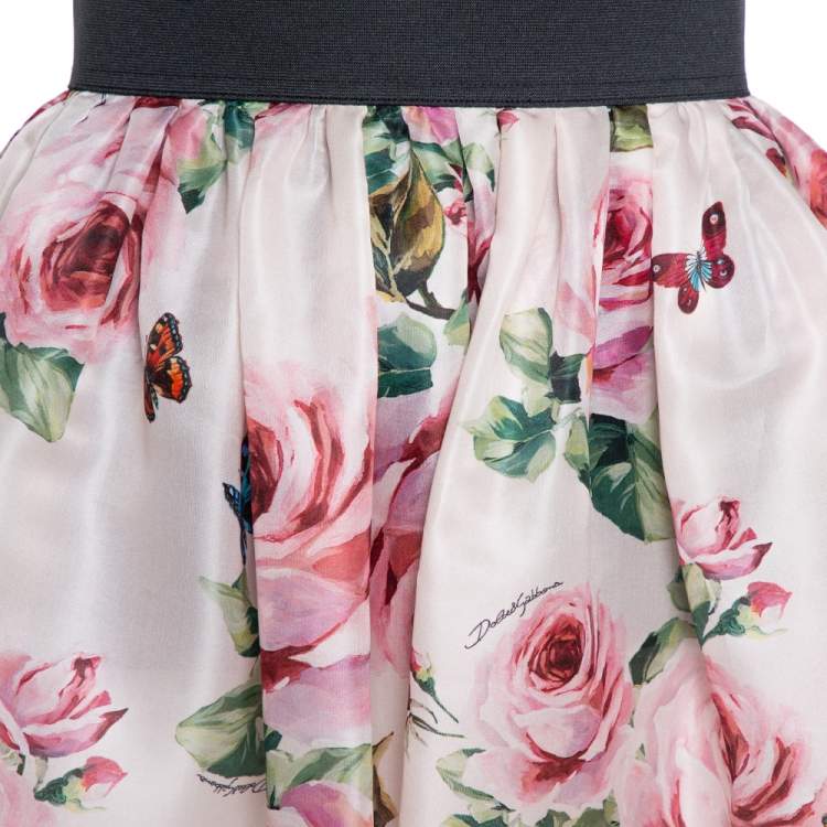 Pre Owned Dolce & Gabbana Pink Rose Print Organdy Silk Midi Skirt M