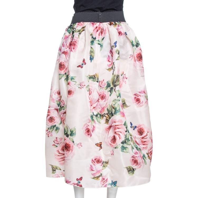 Pre Owned Dolce & Gabbana Pink Rose Print Organdy Silk Midi Skirt M