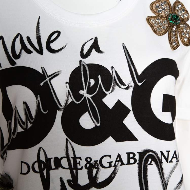 Pre Owned Dolce & Gabbana White Cotton 'Beautiful Life' Floral Applique T-Shirt XS