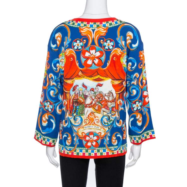 Pre Owned Dolce & Gabbana Blue Carretto Siciliano Print Silk Crew Neck Top S