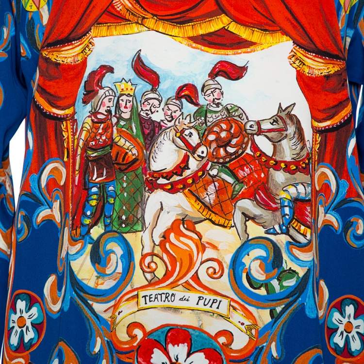 Pre Owned Dolce & Gabbana Blue Carretto Siciliano Print Silk Crew Neck Top S