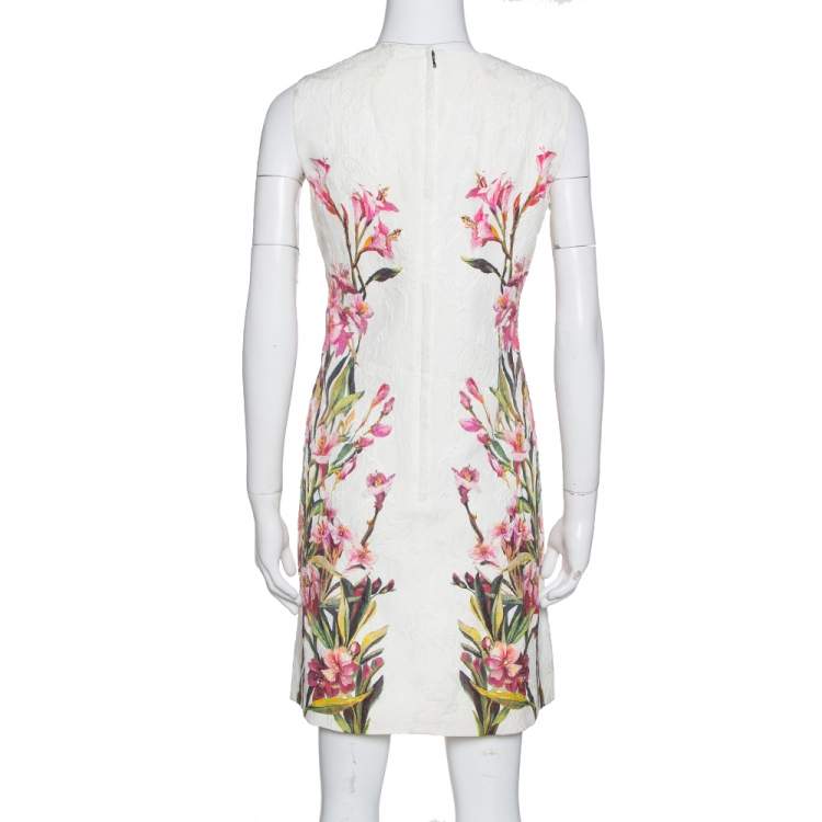 Pre Owned Dolce & Gabbana Off White Floral Print Cotton Jacquard Shift Dress M