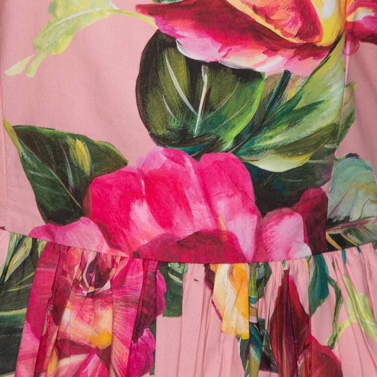 Pre Owned Dolce & Gabbana Pink Rose Print Cotton Flared Dress M