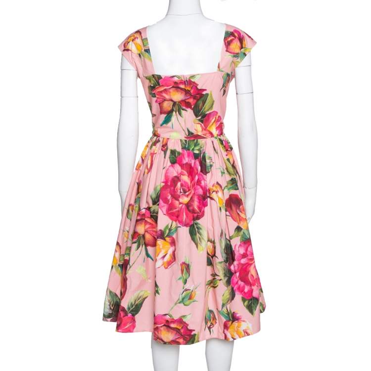 Pre Owned Dolce & Gabbana Pink Rose Print Cotton Flared Dress M