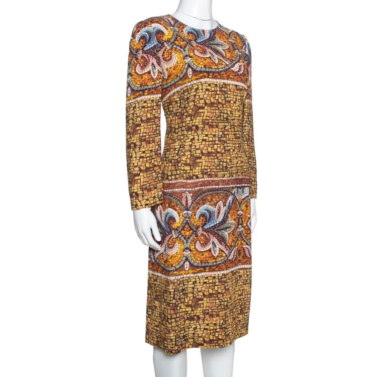 Pre Owned Dolce & Gabbana Yellow Mosaic Print Crepe Sheath Dress L