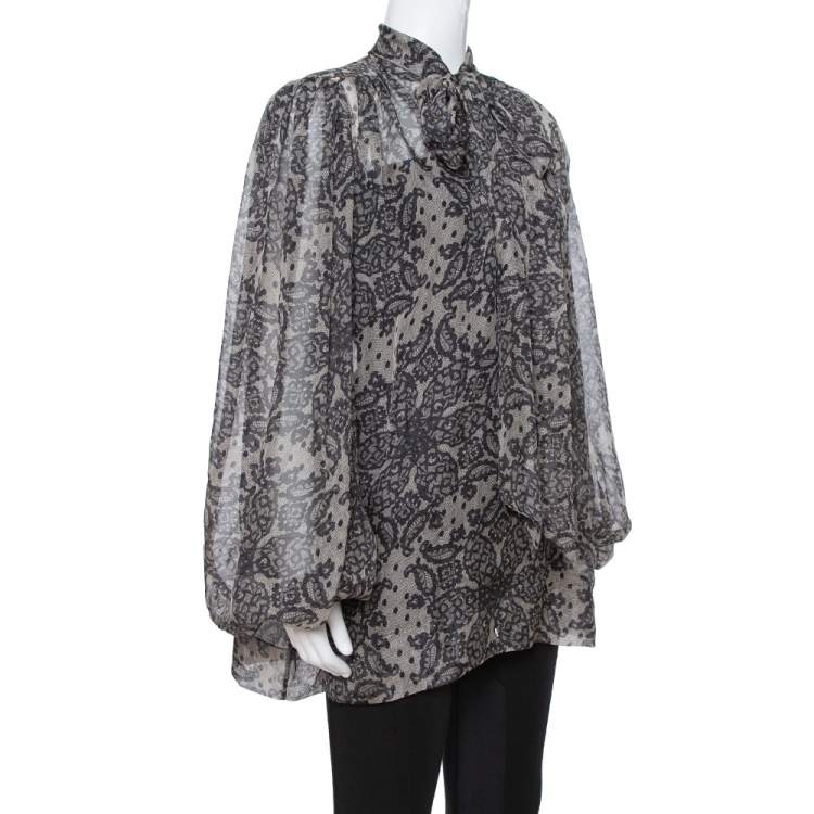 Pre Owned Dolce & Gabbana Grey Paisley Print Silk Bow Tie Blouse M