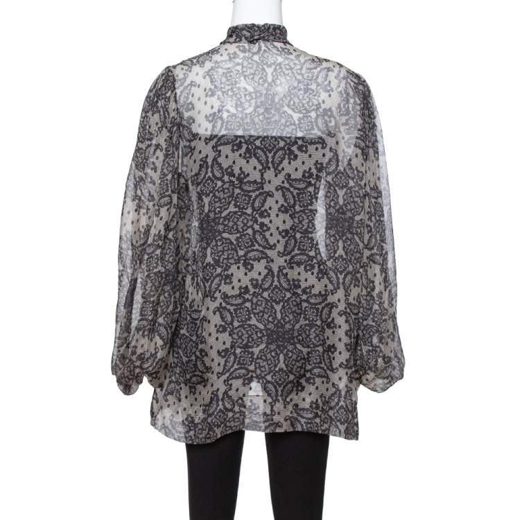 Pre Owned Dolce & Gabbana Grey Paisley Print Silk Bow Tie Blouse M
