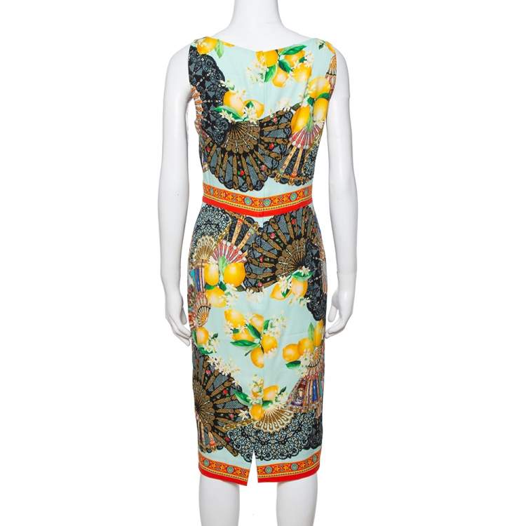 Pre Owned Dolce & Gabbana Multicolor Lemon Print Silk Crepe Sheath Dress M
