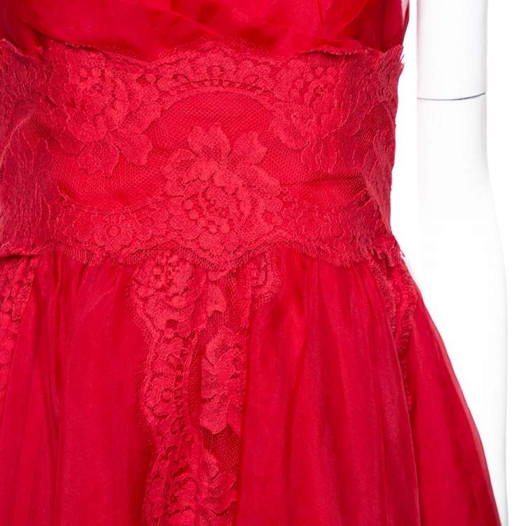Pre Owned Dolce & Gabbana Red Silk Organza Lace Trim Flared Dress M