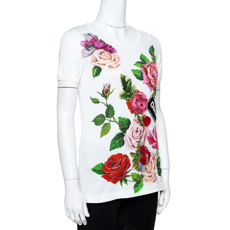 Pre Owned Dolce & Gabbana White Printed Cotton Floral Appliqued T-Shirt S
