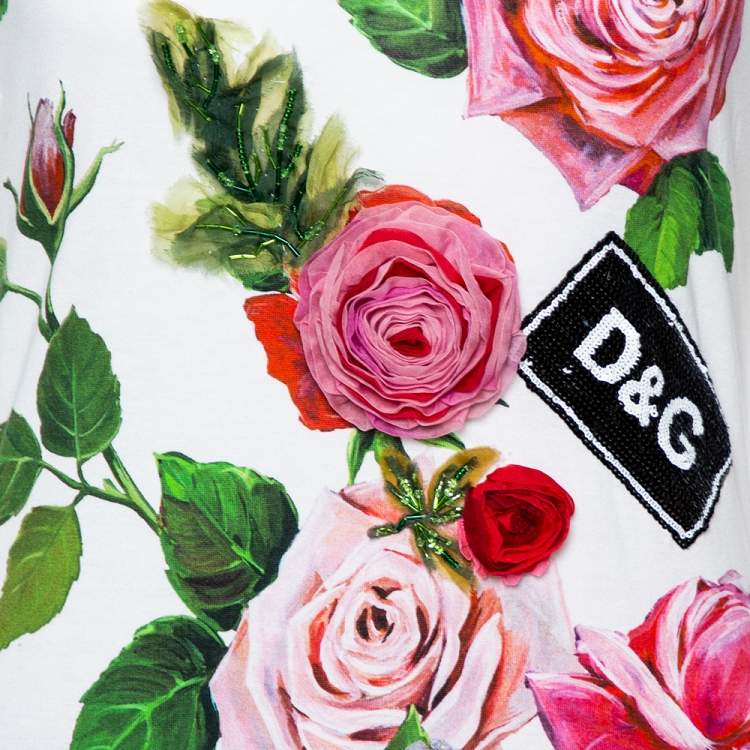 Pre Owned Dolce & Gabbana White Printed Cotton Floral Appliqued T-Shirt S