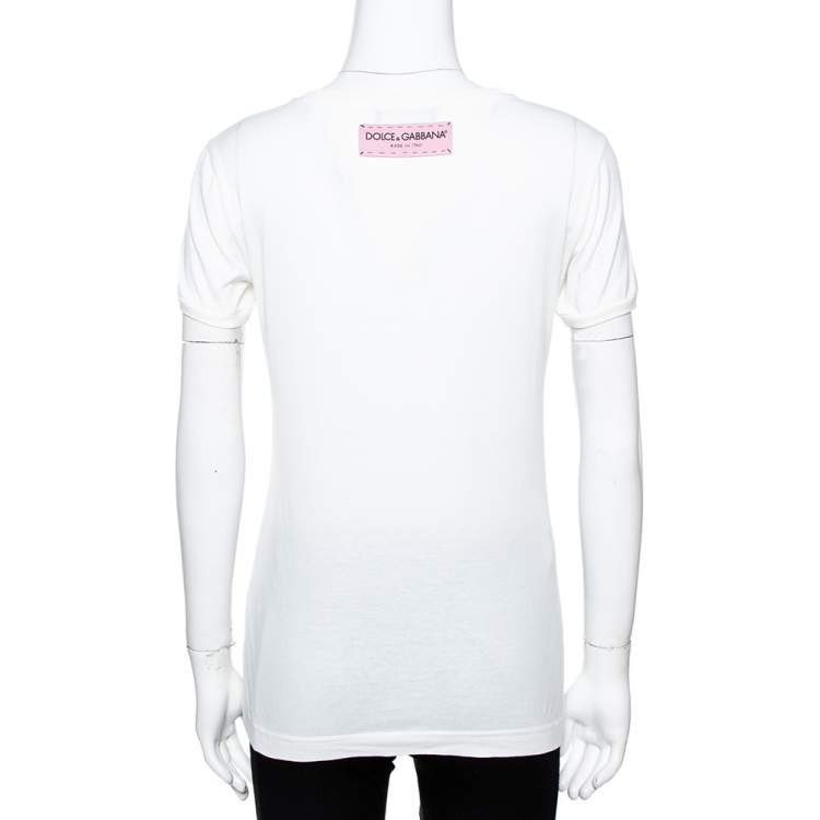 Pre Owned Dolce & Gabbana White Printed Cotton Floral Appliqued T-Shirt S