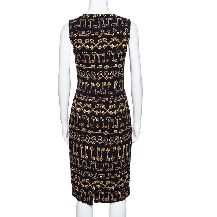 Pre Owned Dolce & Gabbana Black Crepe Key Print Sheath Dress S