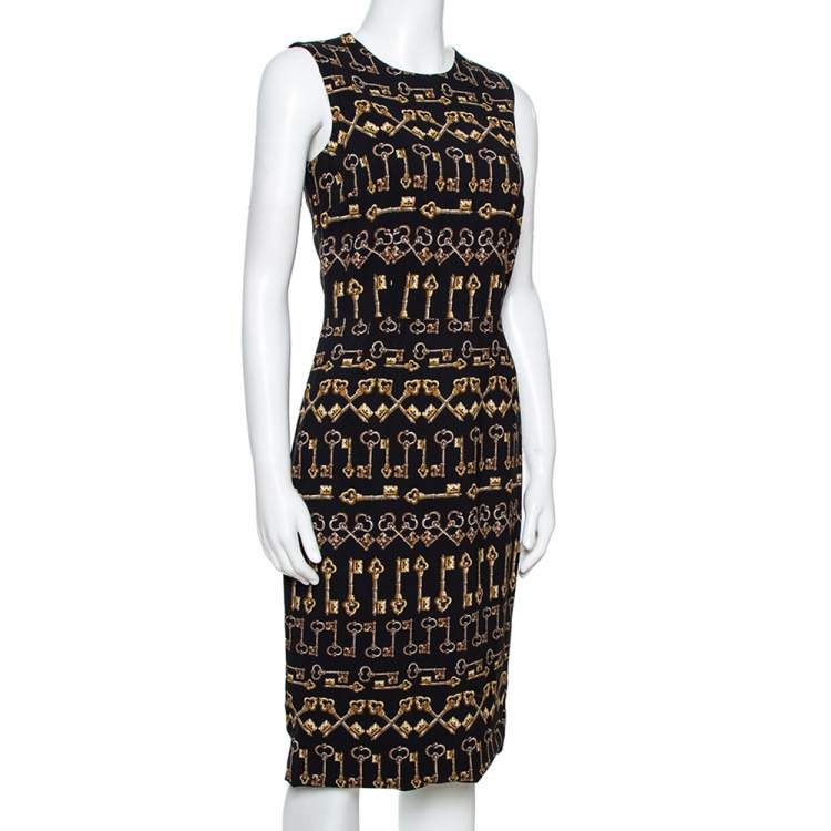 Pre Owned Dolce & Gabbana Black Crepe Key Print Sheath Dress S