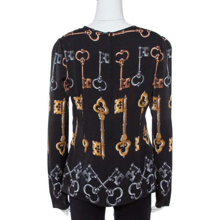 مملوكة مسبقًا Dolce & Gabbana Black Key Print Silk Long Sleeve Blouse L