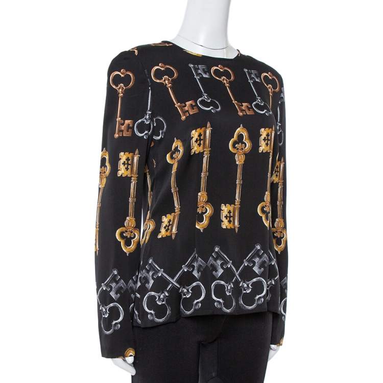 مملوكة مسبقًا Dolce & Gabbana Black Key Print Silk Long Sleeve Blouse L