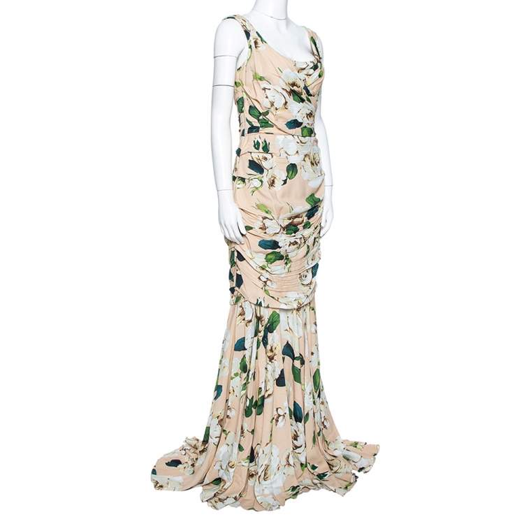 Pre Owned Dolce & Gabbana Cream Floral Print Crepe Ruched Gown M