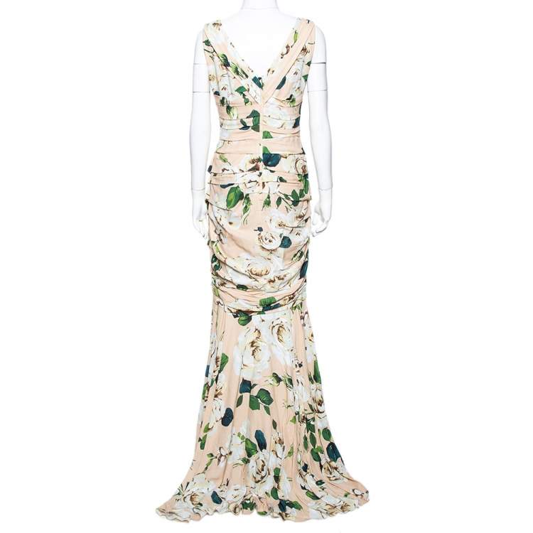Pre Owned Dolce & Gabbana Cream Floral Print Crepe Ruched Gown M