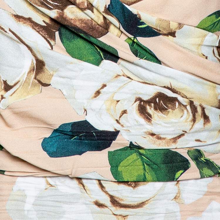 Pre Owned Dolce & Gabbana Cream Floral Print Crepe Ruched Gown M