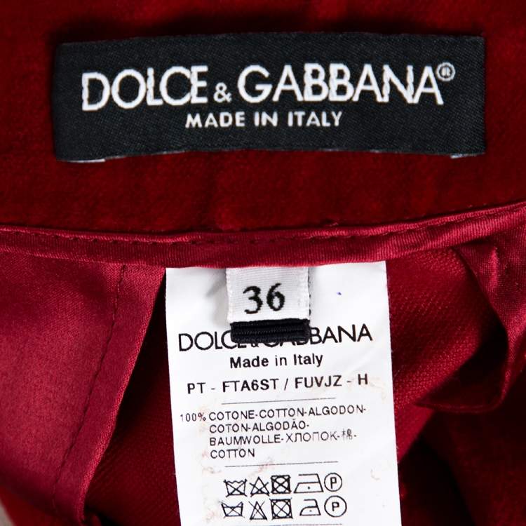 Pre Owned Dolce & Gabbana Red Velvet Tapered Trousers XS