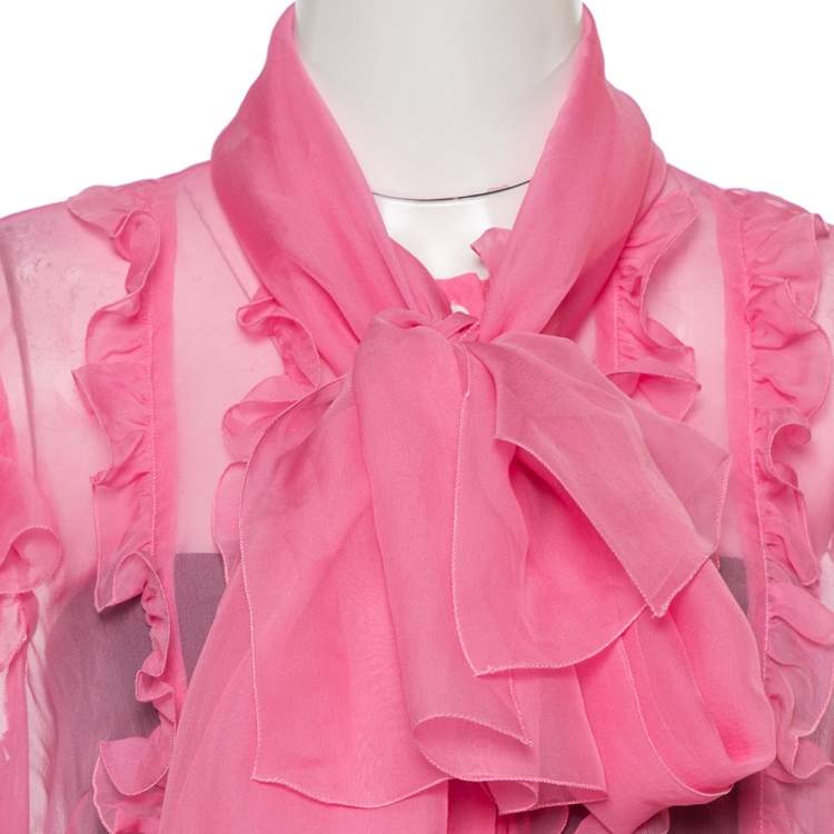 مملوكة مسبقًا Dolce & Gabbana Pink Silk Ruffled Pussy Bow Blouse L