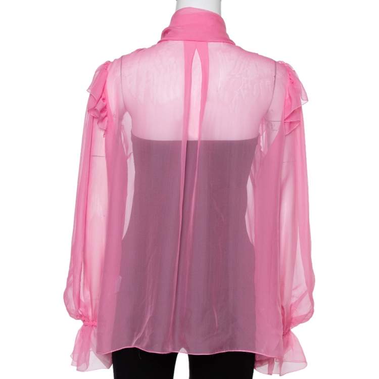مملوكة مسبقًا Dolce & Gabbana Pink Silk Ruffled Pussy Bow Blouse L