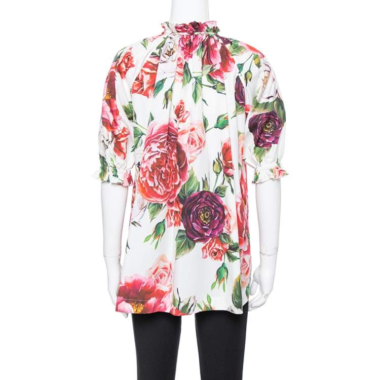 Pre Owned Dolce & Gabbana White Peony Printed Cotton Ruched Detail Oversized Blouse S