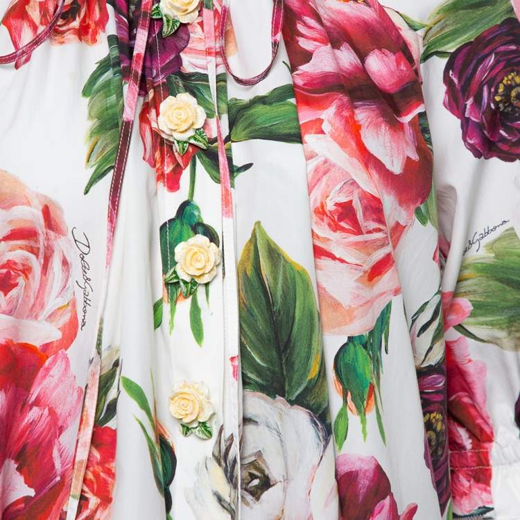 Pre Owned Dolce & Gabbana White Peony Printed Cotton Ruched Detail Oversized Blouse S