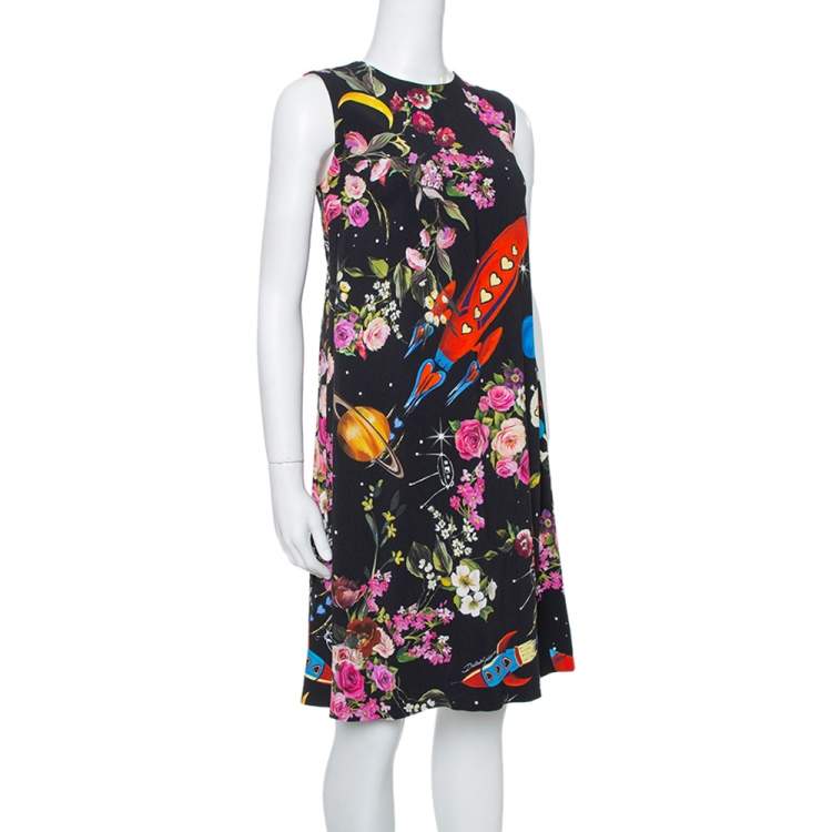 Pre Owned Dolce & Gabbana Black Crepe Rocket & Floral Print Sleeveless Shift Dress S