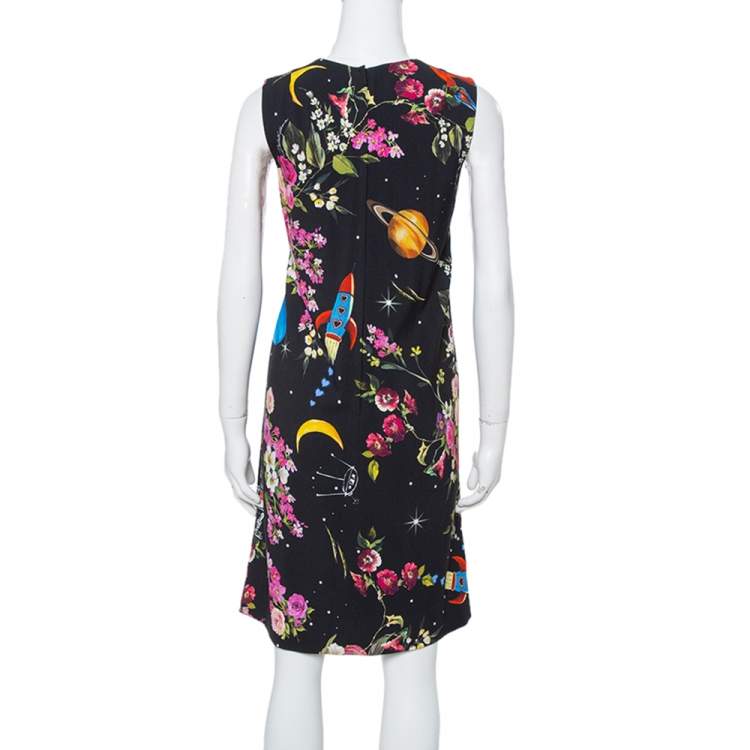 Pre Owned Dolce & Gabbana Black Crepe Rocket & Floral Print Sleeveless Shift Dress S