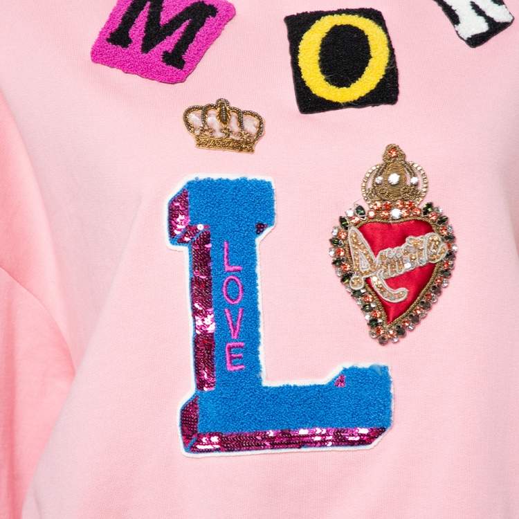 Pre Owned Dolce & Gabbana Pink Knit Amore Applique Cropped Sweatshirt S