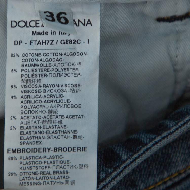 Pre Owned Dolce & Gabbana Blue Distressed Denim Button Embellished Skinny Jeans XS