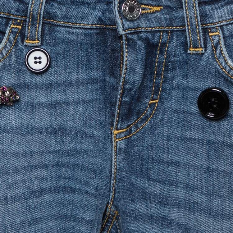 Pre Owned Dolce & Gabbana Blue Distressed Denim Button Embellished Skinny Jeans XS