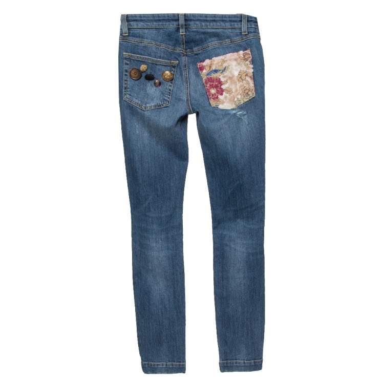 Pre Owned Dolce & Gabbana Blue Distressed Denim Button Embellished Skinny Jeans XS