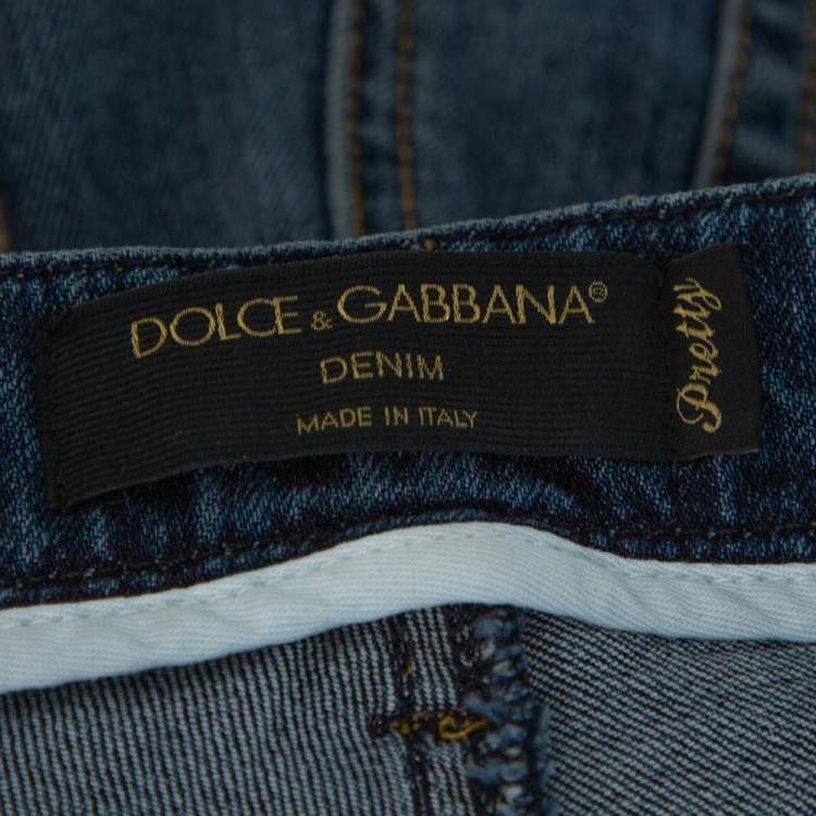 Pre Owned Dolce & Gabbana Blue Distressed Denim Button Embellished Skinny Jeans XS