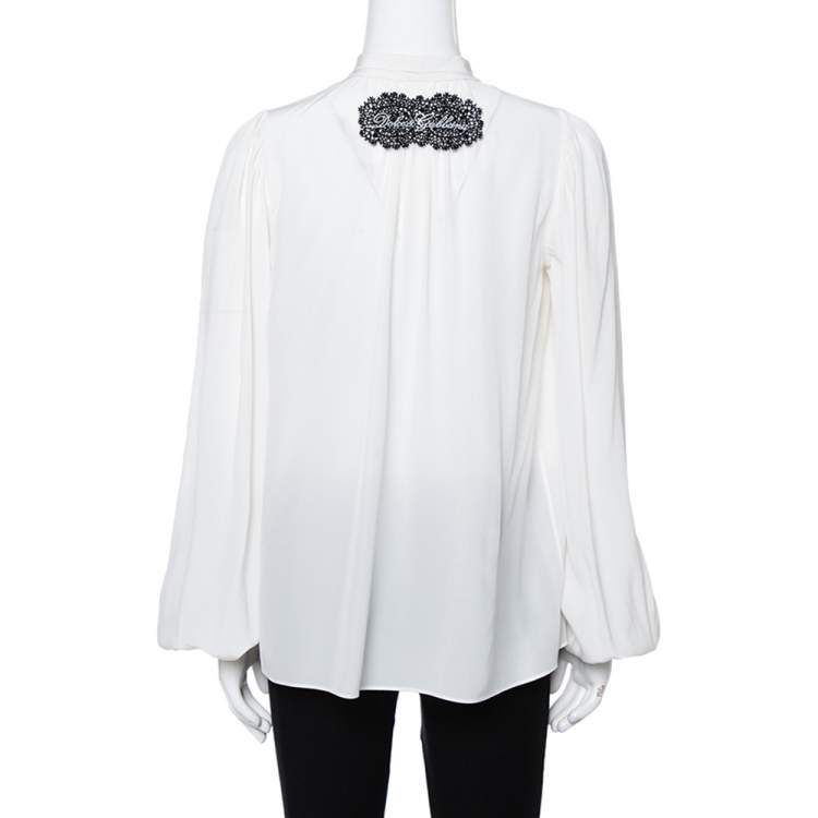 Pre Owned Dolce & Gabbana Cream Silk Neck Tie Detail Long Sleeve Blouse S