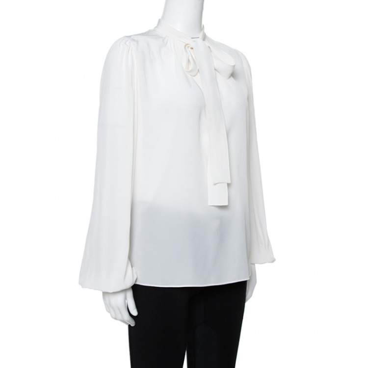 Pre Owned Dolce & Gabbana Cream Silk Neck Tie Detail Long Sleeve Blouse S
