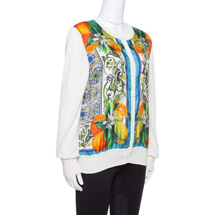 Pre Owned Dolce & Gabbana Off White Majolica Print Silk Button Front Cardigan L