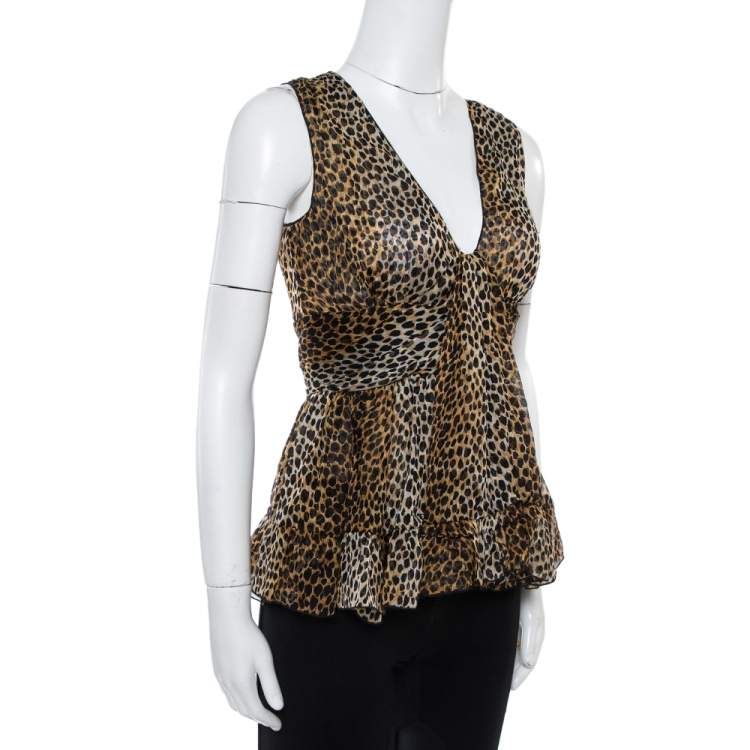 Pre Owned Dolce & Gabbana Brown Animal Print Ruffle Detail Sleeveless Top M