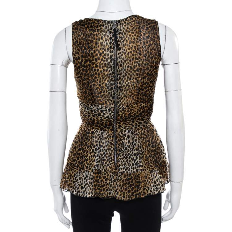Pre Owned Dolce & Gabbana Brown Animal Print Ruffle Detail Sleeveless Top M