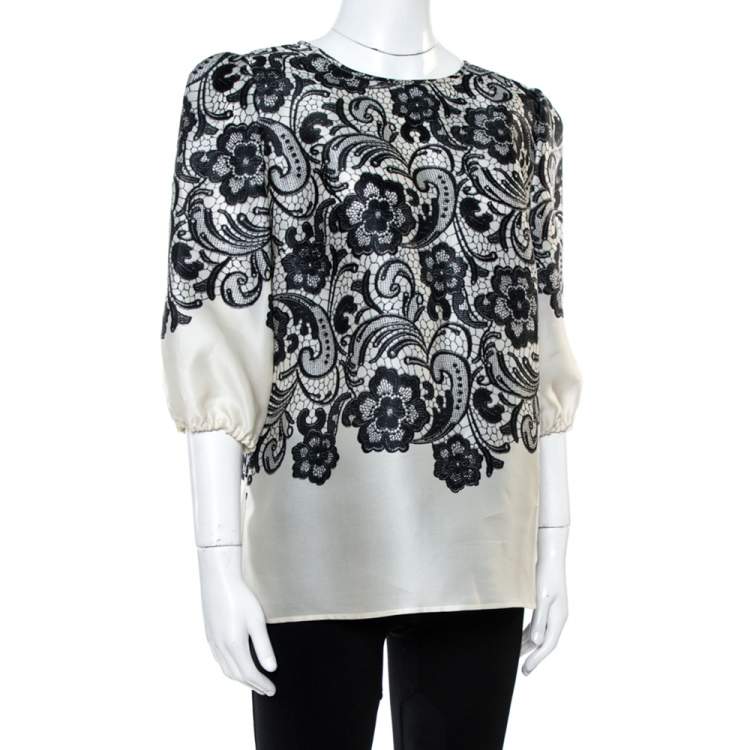 Pre Owned Dolce & Gabbana Cream White Silk Lace Print Top S