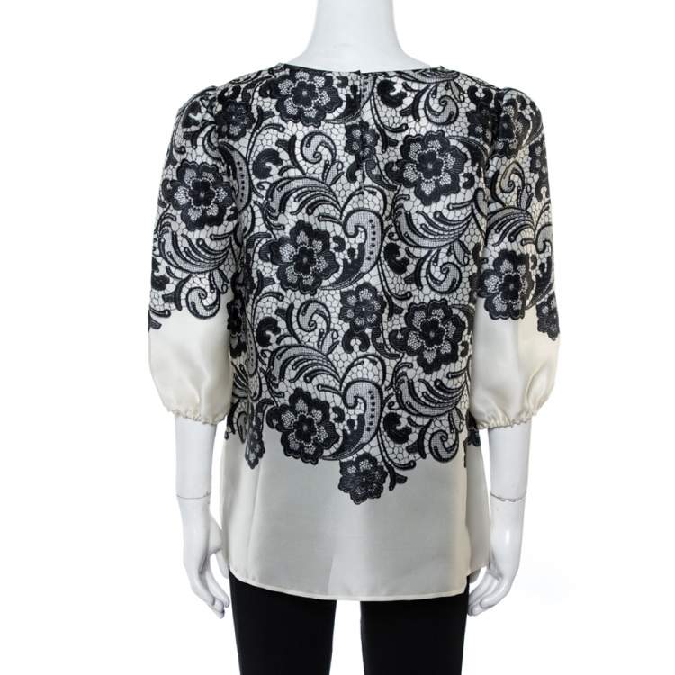 Pre Owned Dolce & Gabbana Cream White Silk Lace Print Top S